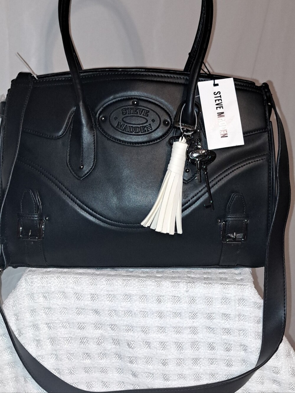 Steve Madden Black Satchel with White Tassel Charm